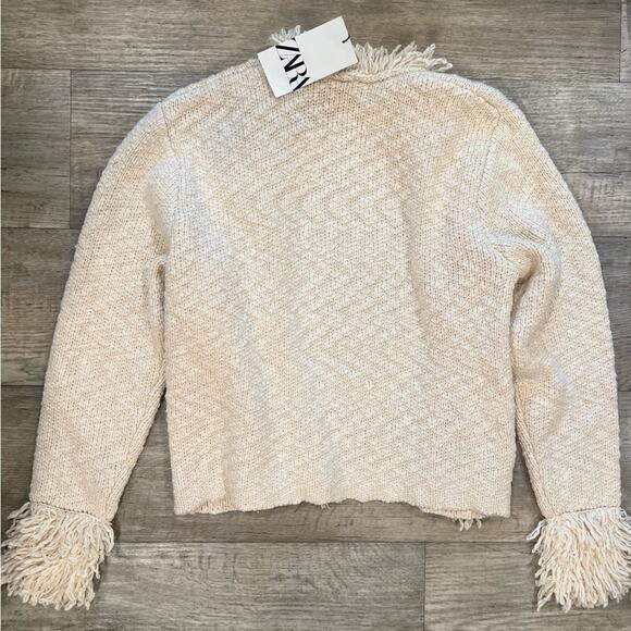 ZARA Wool-Blend Fringe Knit Cardigan NWT – Ecru Textured Jacket, Size XL - Picture 16 of 16